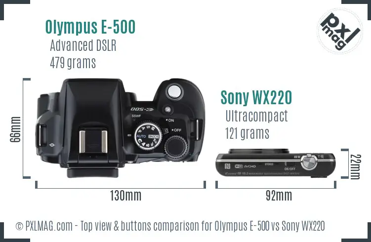 Olympus E-500 vs Sony WX220 top view buttons comparison Olympus E-500 vs Sony WX220 top view buttons comparison