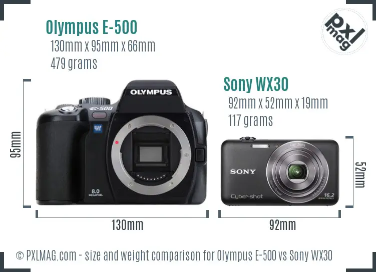 Olympus E-500 vs Sony WX30 size comparison