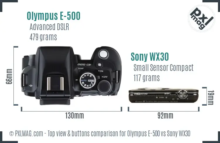 Olympus E-500 vs Sony WX30 top view buttons comparison