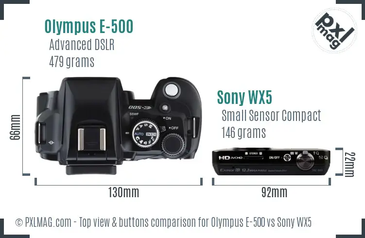 Olympus E-500 vs Sony WX5 top view buttons comparison