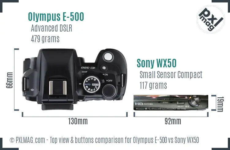 Olympus E-500 vs Sony WX50 top view buttons comparison