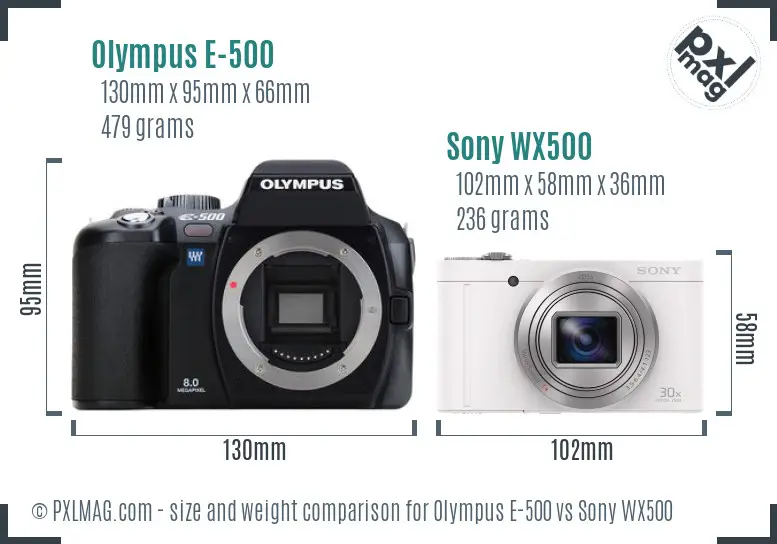 Olympus E-500 vs Sony WX500 size comparison Olympus E-500 vs Sony WX500 size comparison