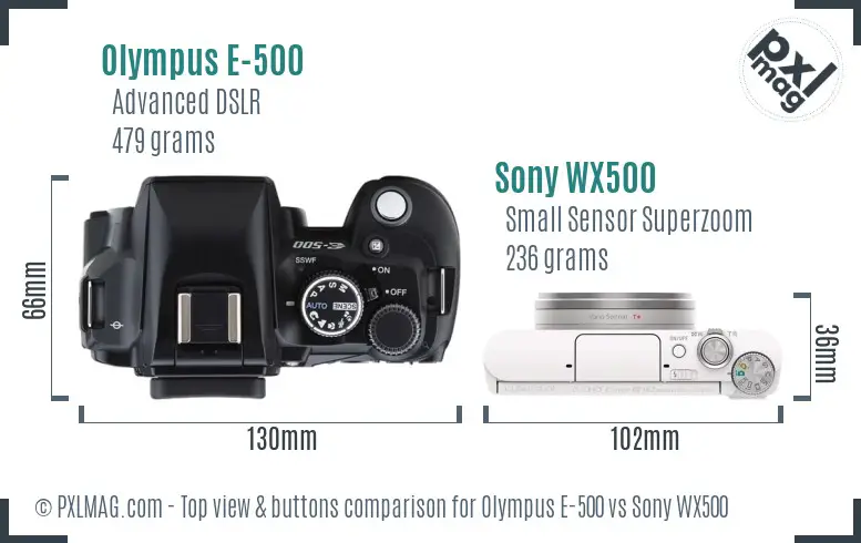 Olympus E-500 vs Sony WX500 top view buttons comparison Olympus E-500 vs Sony WX500 top view buttons comparison