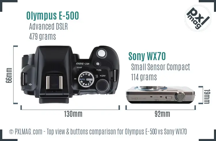 Olympus E-500 vs Sony WX70 top view buttons comparison