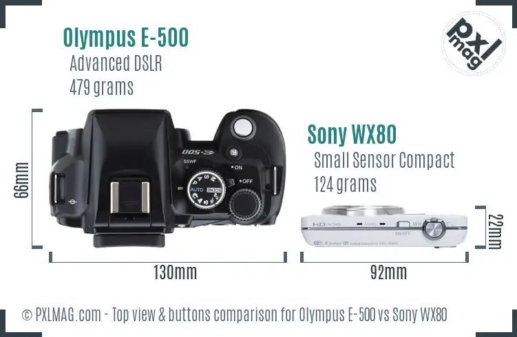 Olympus E-500 vs Sony WX80 top view buttons comparison