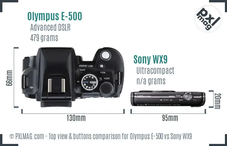 Olympus E-500 vs Sony WX9 top view buttons comparison Olympus E-500 vs Sony WX9 top view buttons comparison