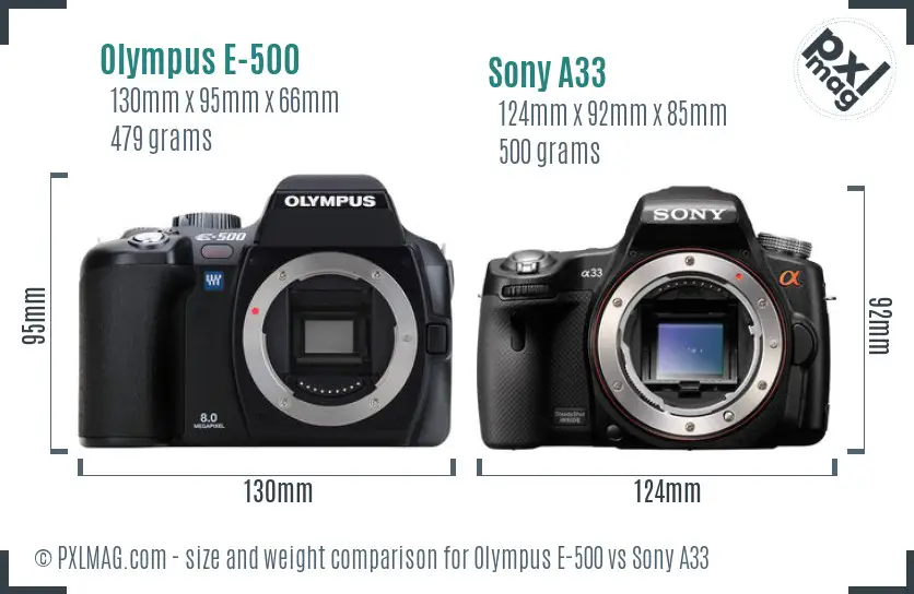 Olympus E-500 vs Sony A33 size comparison Olympus E-500 vs Sony A33 size comparison