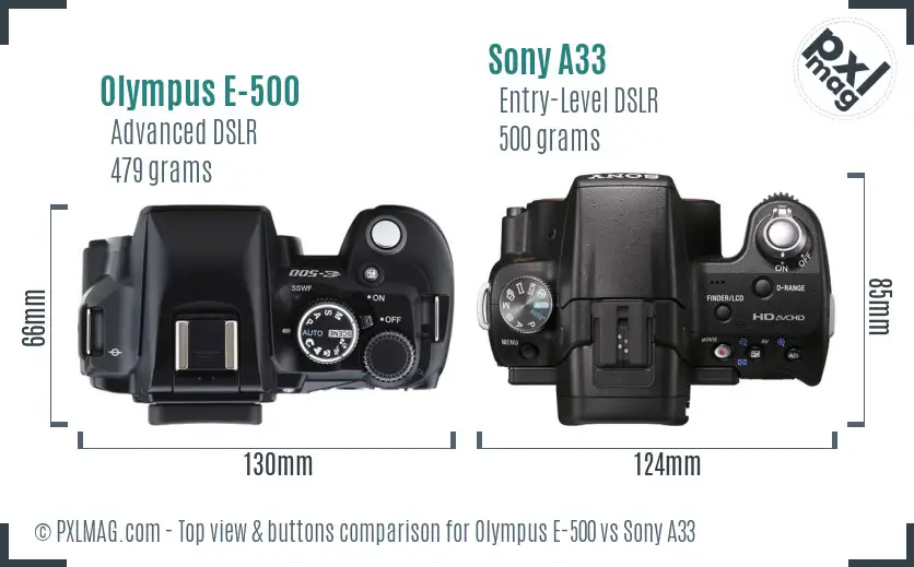 Olympus E-500 vs Sony A33 top view buttons comparison Olympus E-500 vs Sony A33 top view buttons comparison