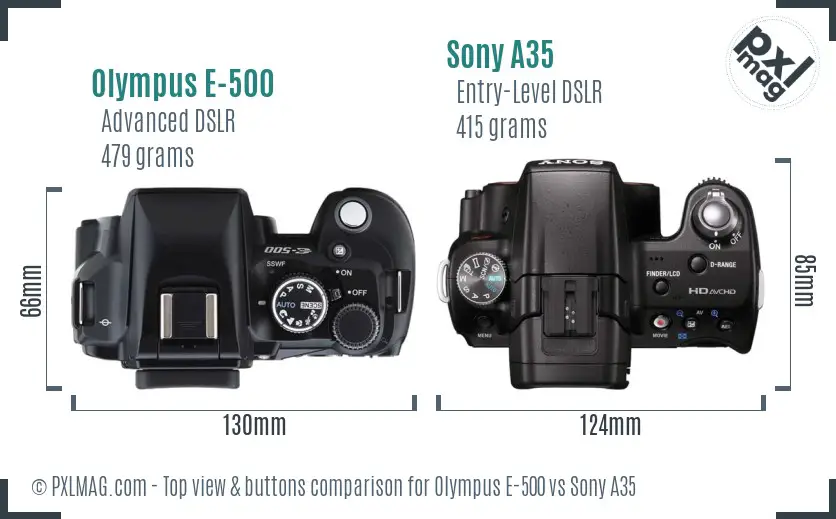 Olympus E-500 vs Sony A35 top view buttons comparison
