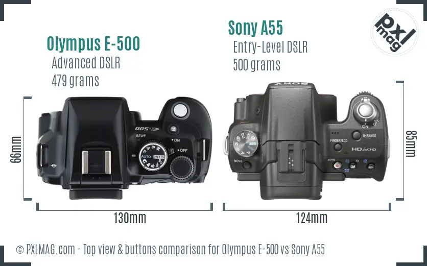 Olympus E-500 vs Sony A55 top view buttons comparison Olympus E-500 vs Sony A55 top view buttons comparison