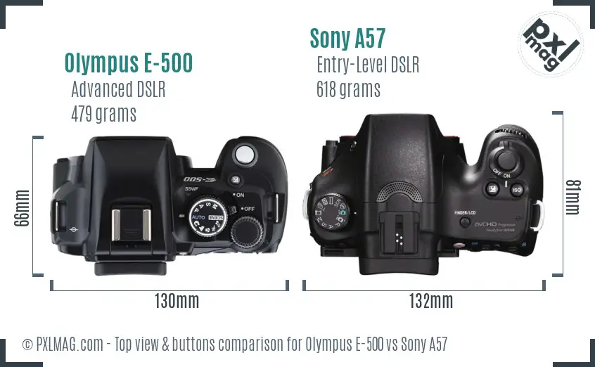 Olympus E-500 vs Sony A57 top view buttons comparison