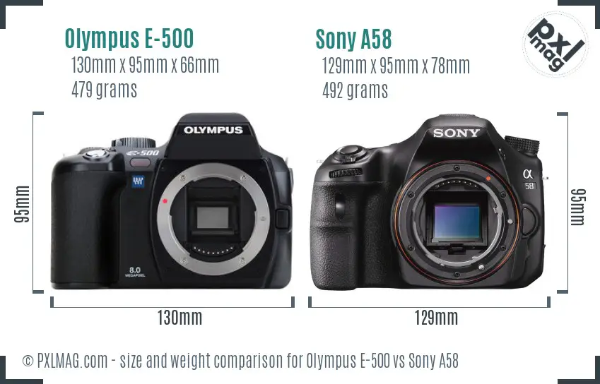 Olympus E-500 vs Sony A58 size comparison Olympus E-500 vs Sony A58 size comparison