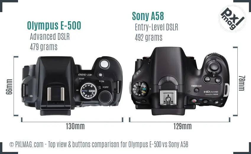 Olympus E-500 vs Sony A58 top view buttons comparison Olympus E-500 vs Sony A58 top view buttons comparison