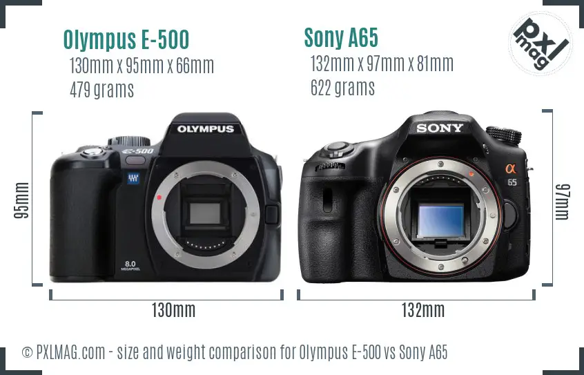 Olympus E-500 vs Sony A65 size comparison Olympus E-500 vs Sony A65 size comparison