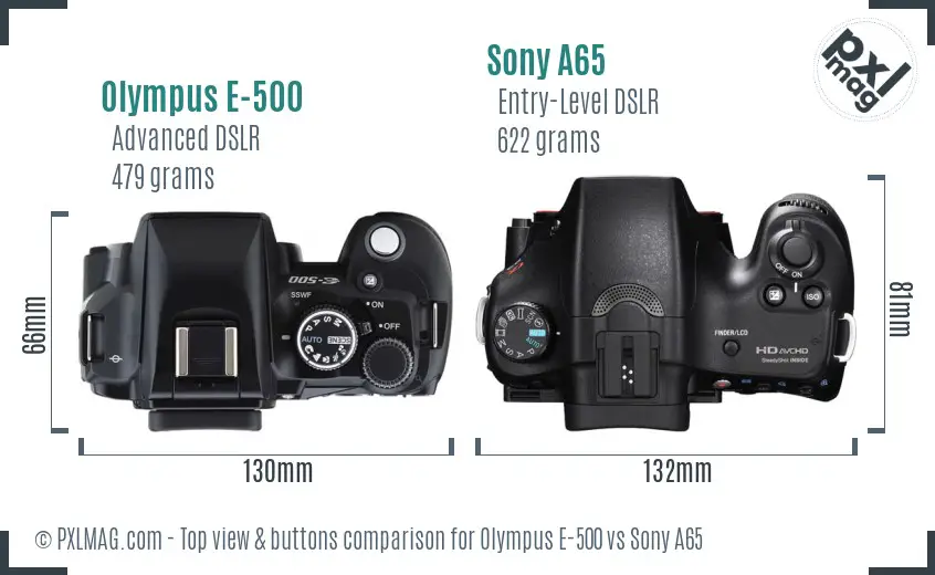 Olympus E-500 vs Sony A65 top view buttons comparison Olympus E-500 vs Sony A65 top view buttons comparison
