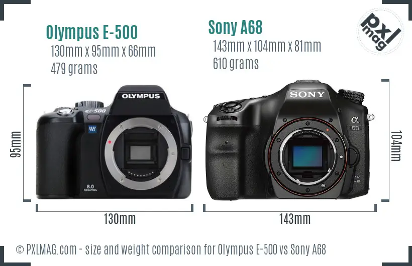 Olympus E-500 vs Sony A68 size comparison