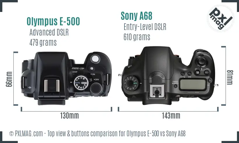 Olympus E-500 vs Sony A68 top view buttons comparison