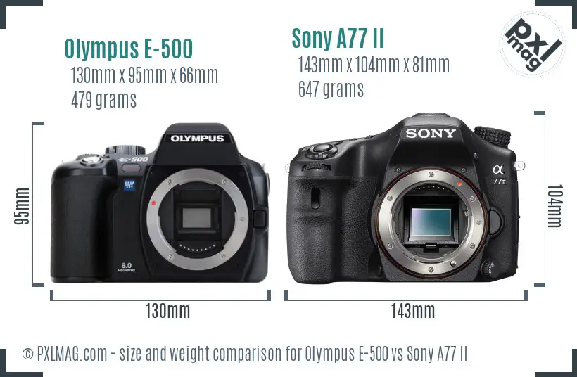 Olympus E-500 vs Sony A77 II size comparison