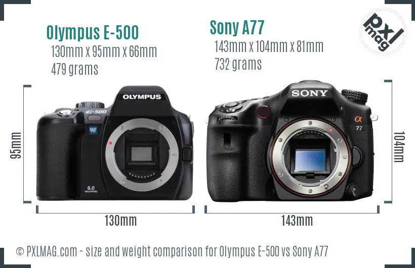 Olympus E-500 vs Sony A77 size comparison