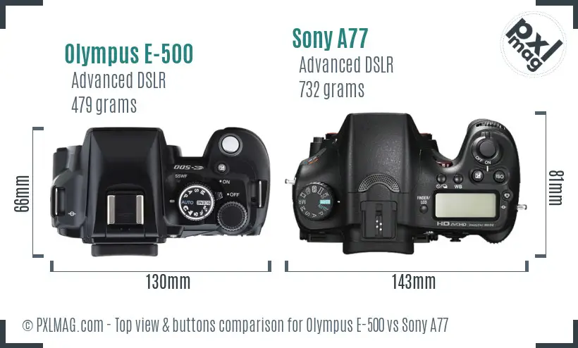 Olympus E-500 vs Sony A77 top view buttons comparison