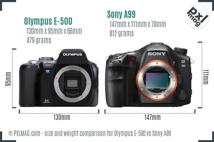 Olympus E-500 vs Sony A99 size comparison
