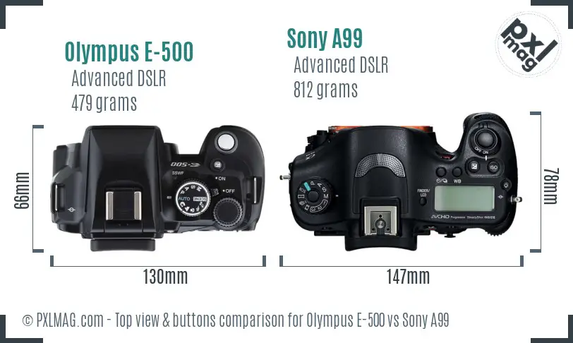Olympus E-500 vs Sony A99 top view buttons comparison