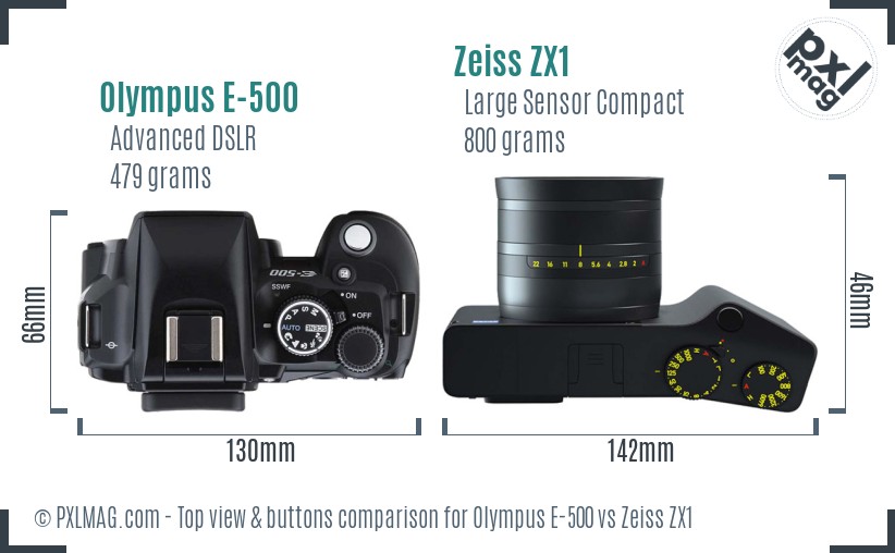 Olympus E-500 vs Zeiss ZX1 top view buttons comparison