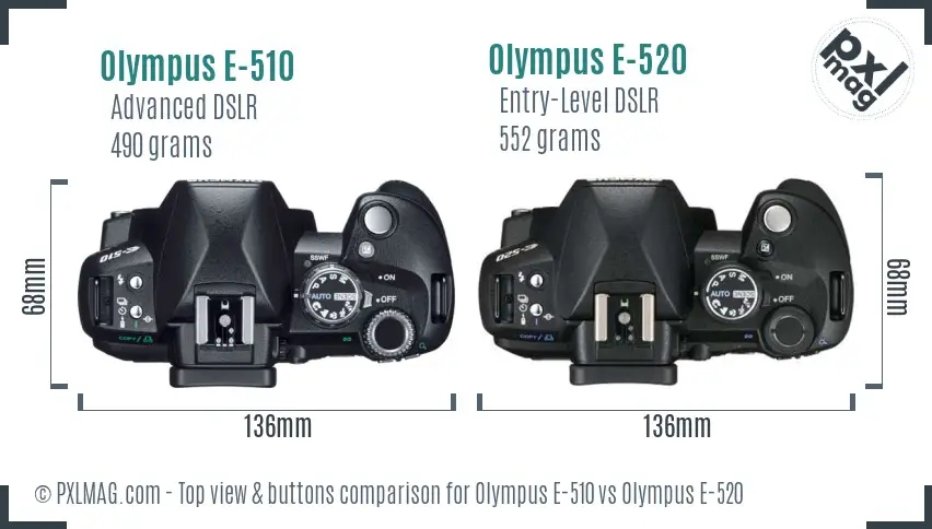 Olympus E-510 vs Olympus E-520 top view buttons comparison