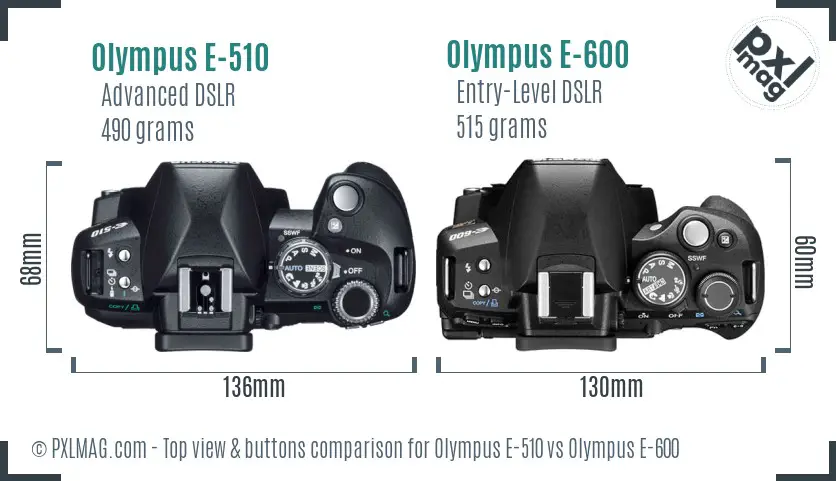 Olympus E-510 vs Olympus E-600 top view buttons comparison