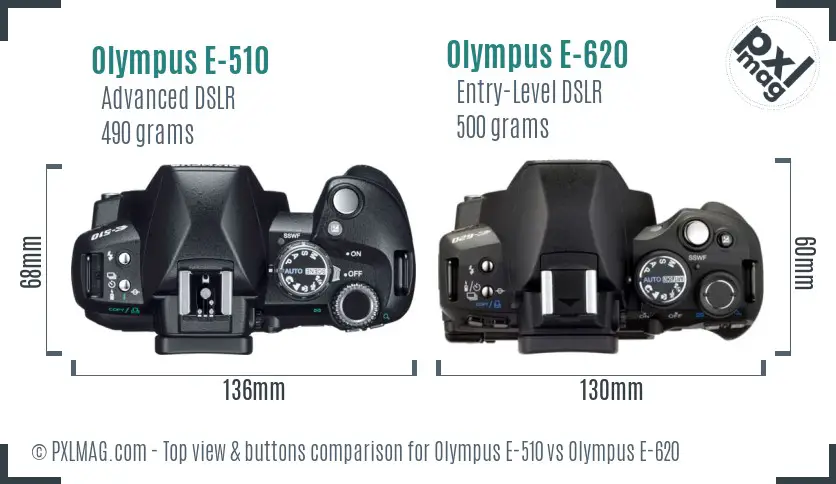 Olympus E-510 vs Olympus E-620 top view buttons comparison
