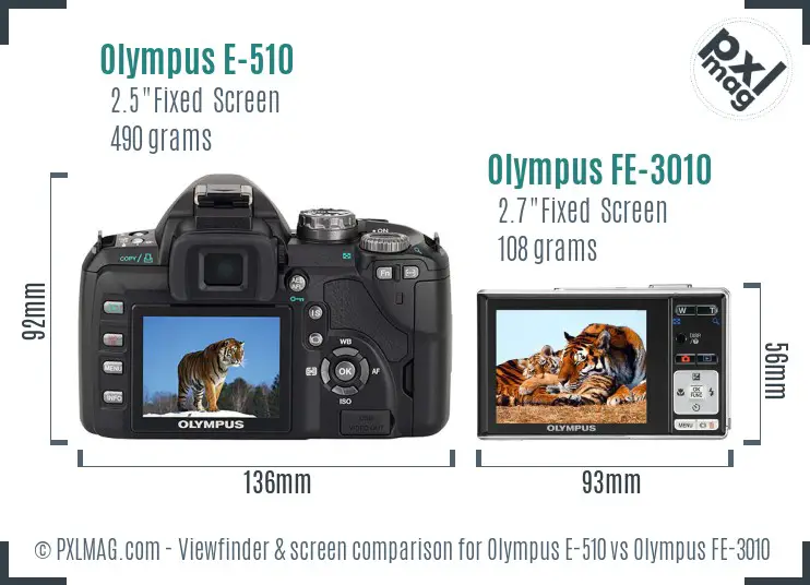 Olympus E-510 vs Olympus FE-3010 Screen and Viewfinder comparison