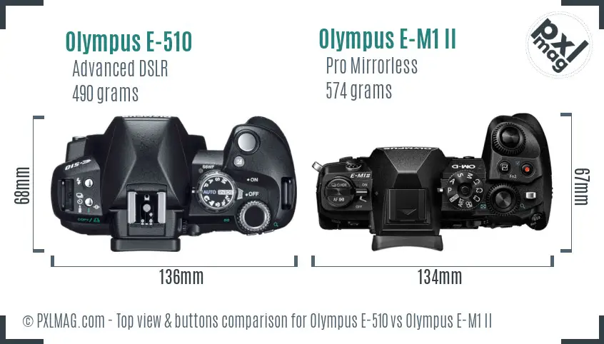 Olympus E-510 vs Olympus E-M1 II top view buttons comparison