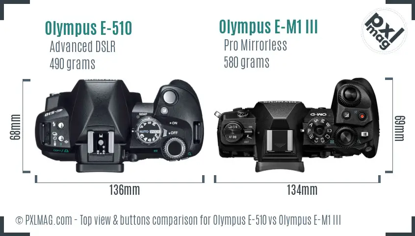 Olympus E-510 vs Olympus E-M1 III top view buttons comparison