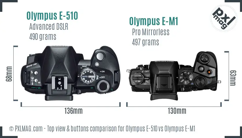 Olympus E-510 vs Olympus E-M1 top view buttons comparison