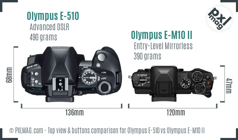 Olympus E-510 vs Olympus E-M10 II top view buttons comparison