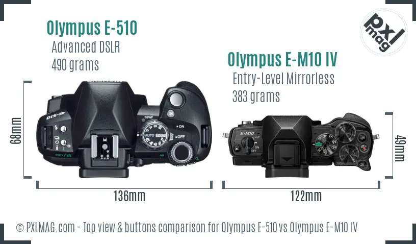 Olympus E-510 vs Olympus E-M10 IV top view buttons comparison