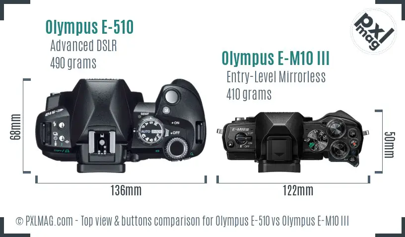 Olympus E-510 vs Olympus E-M10 III top view buttons comparison