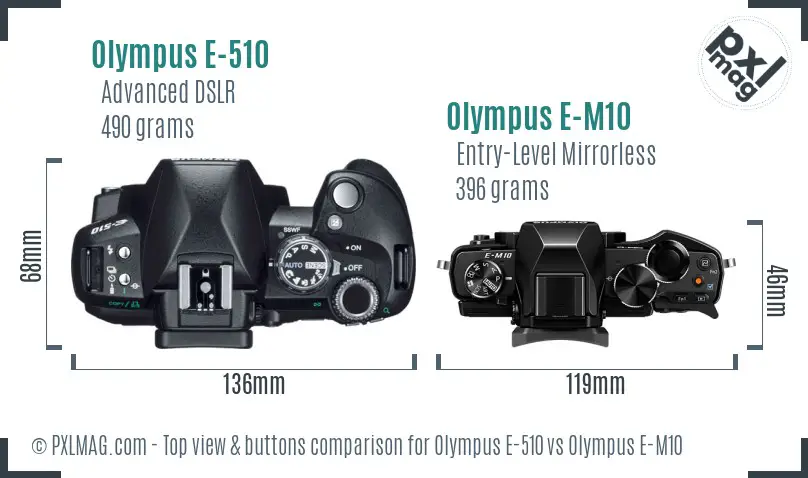 Olympus E-510 vs Olympus E-M10 top view buttons comparison