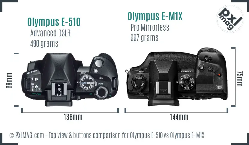 Olympus E-510 vs Olympus E-M1X top view buttons comparison