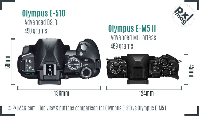 Olympus E-510 vs Olympus E-M5 II top view buttons comparison