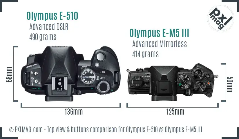 Olympus E-510 vs Olympus E-M5 III top view buttons comparison