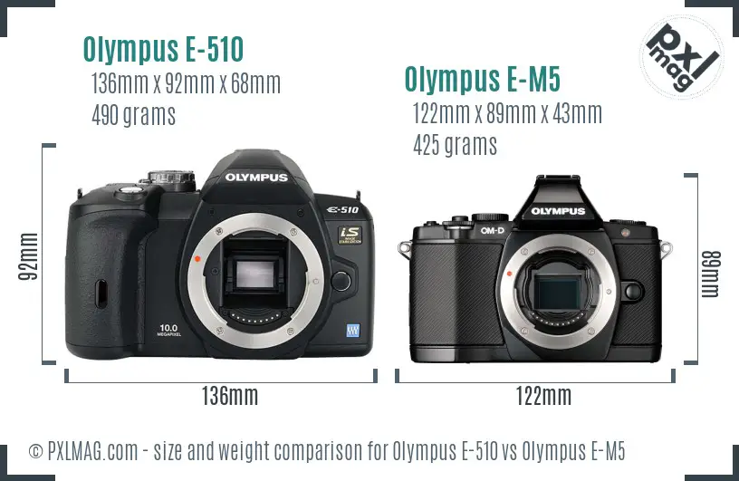 Olympus E-510 vs Olympus E-M5 size comparison