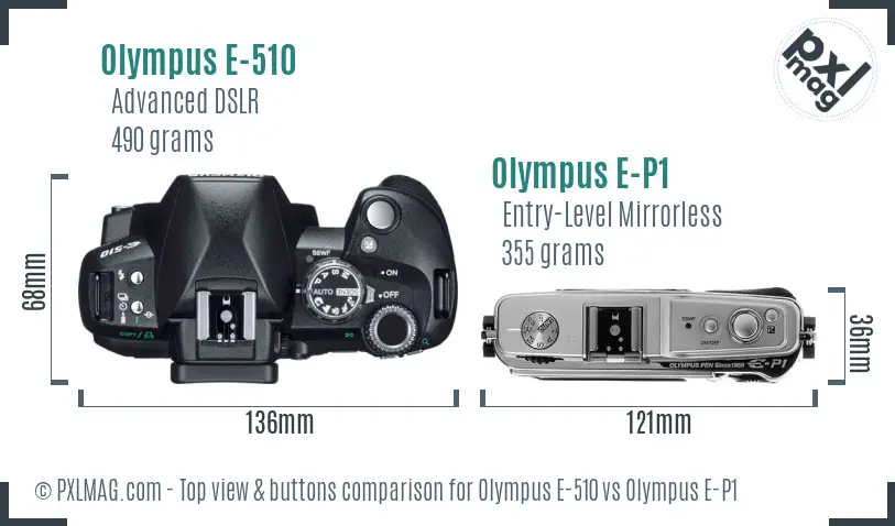 Olympus E-510 vs Olympus E-P1 top view buttons comparison