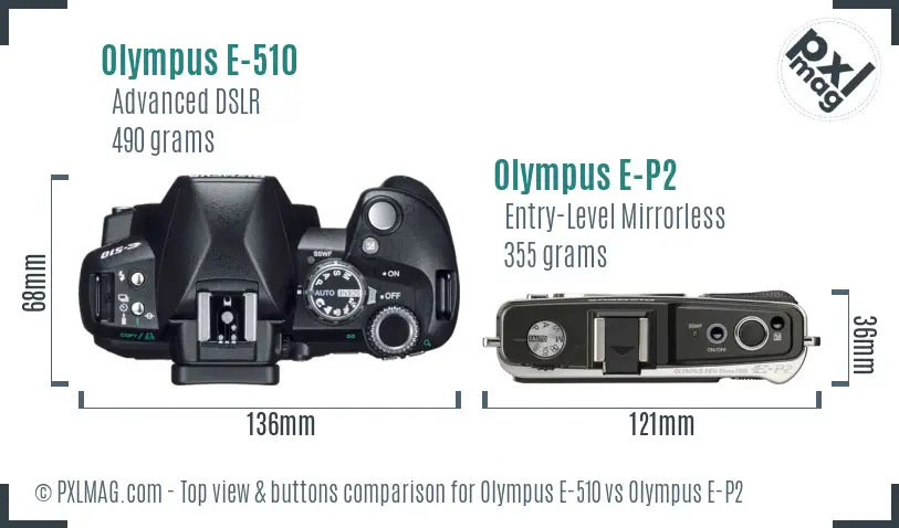 Olympus E-510 vs Olympus E-P2 top view buttons comparison