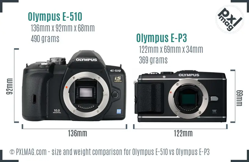Olympus E-510 vs Olympus E-P3 size comparison