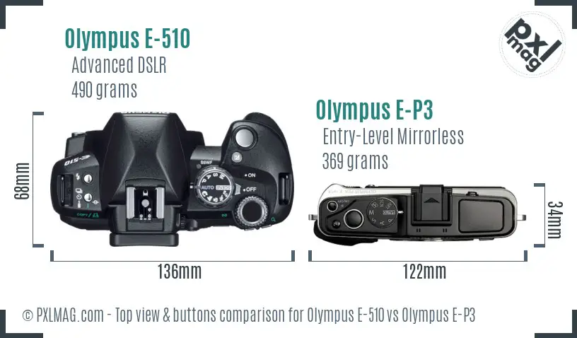 Olympus E-510 vs Olympus E-P3 top view buttons comparison
