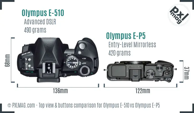Olympus E-510 vs Olympus E-P5 top view buttons comparison
