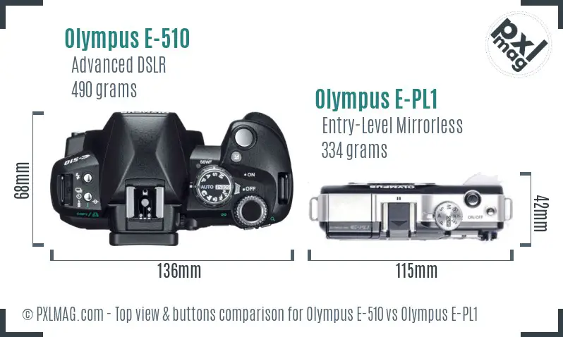 Olympus E-510 vs Olympus E-PL1 top view buttons comparison