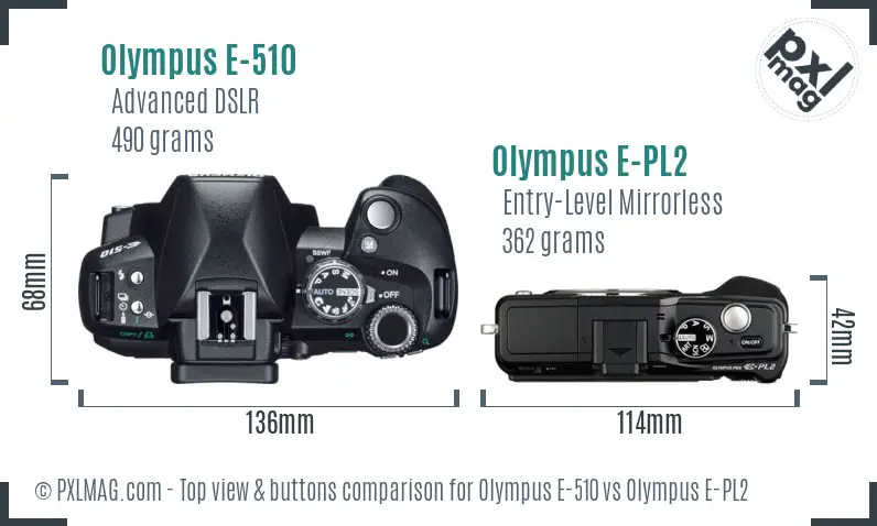 Olympus E-510 vs Olympus E-PL2 top view buttons comparison