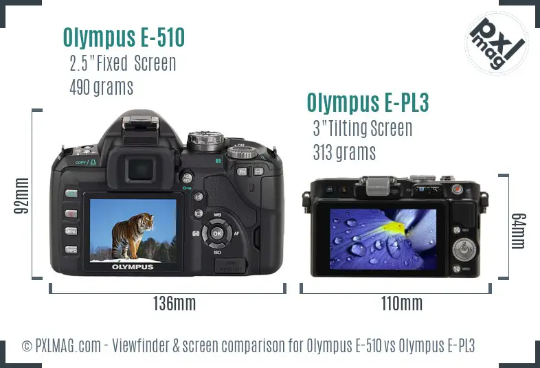 Olympus E-510 vs Olympus E-PL3 Screen and Viewfinder comparison